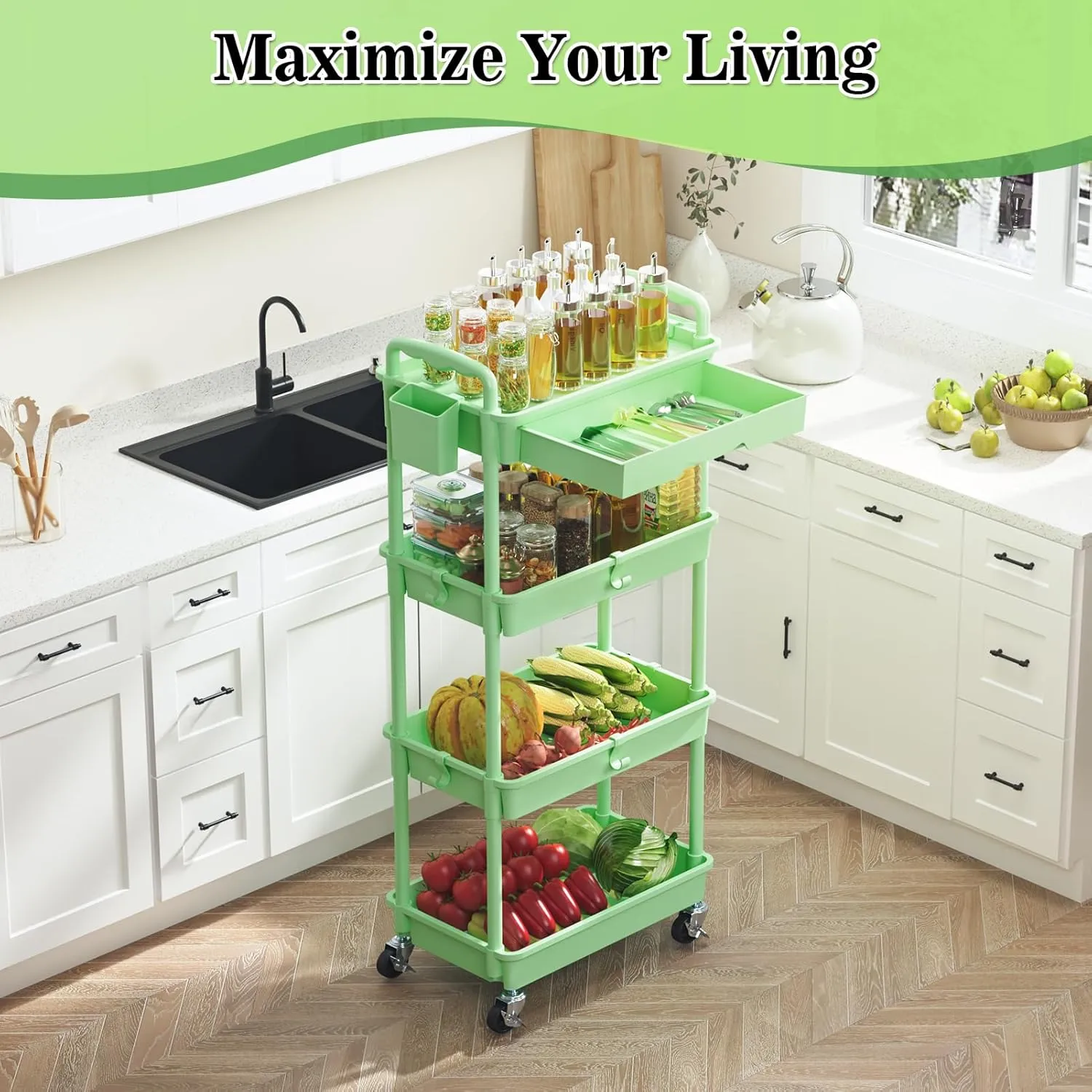 4 Tier Rolling Utility Cart with Drawer, Utility Storage Organizer with Plastic Shelf & Lockable Wheels Multifunctional Storage Cart for Kitchen, Bathroom, Office, Living Room, Green