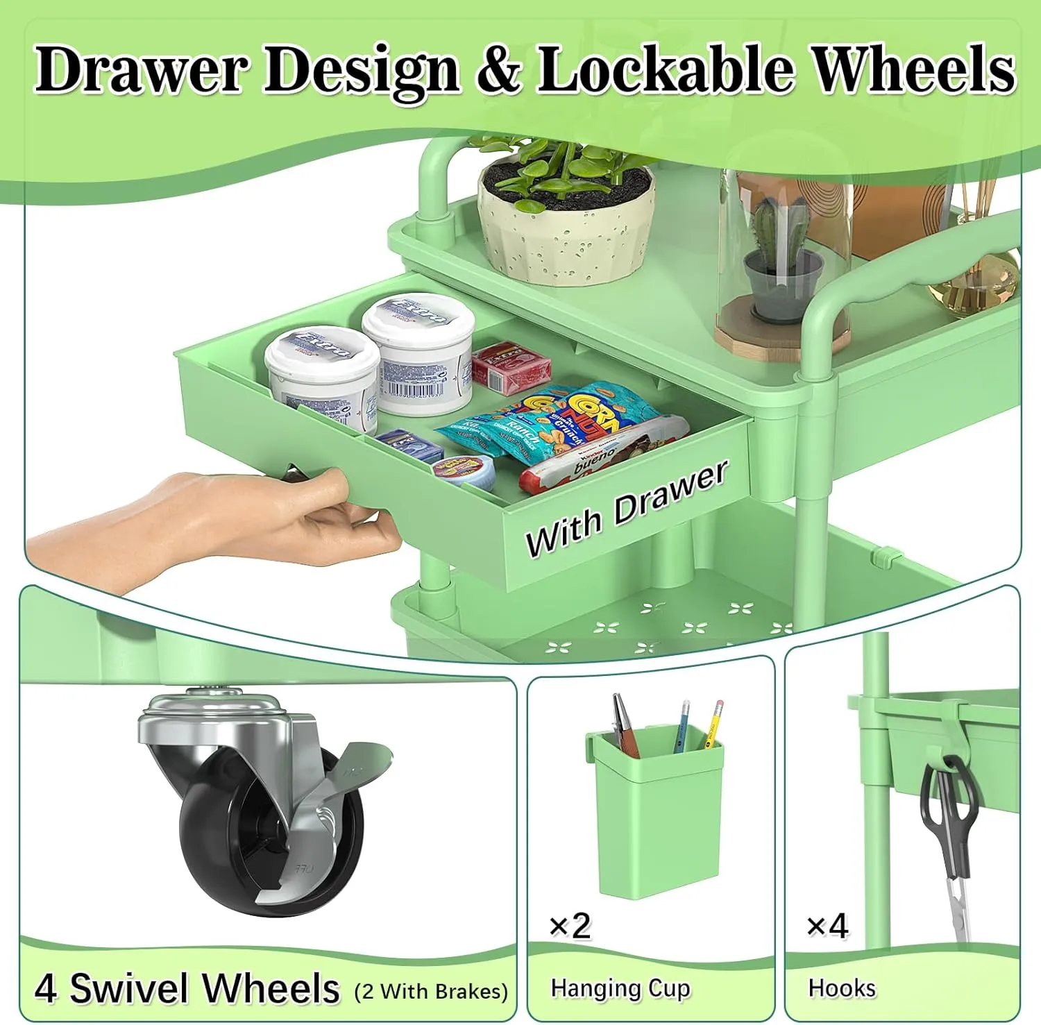 4 Tier Rolling Utility Cart with Drawer, Utility Storage Organizer with Plastic Shelf & Lockable Wheels Multifunctional Storage Cart for Kitchen, Bathroom, Office, Living Room, Green
