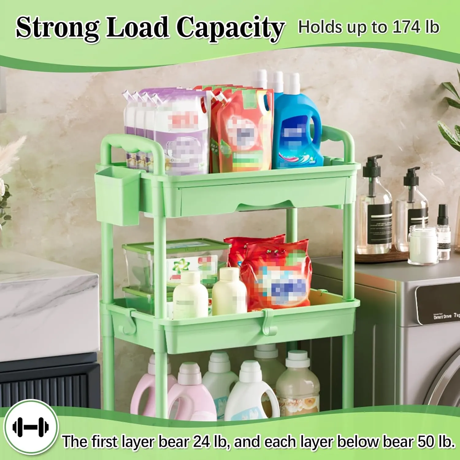 4 Tier Rolling Utility Cart with Drawer, Utility Storage Organizer with Plastic Shelf & Lockable Wheels Multifunctional Storage Cart for Kitchen, Bathroom, Office, Living Room, Green