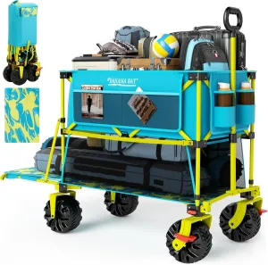 400L Collapsible Double Decker Beach Wagon with Brakes, Folding Beach Cart with 54" Extra Long Decker, 450LBS Heavy Duty Wagon Chart with All-Terrain Big Wheels for Sand Camping Garden