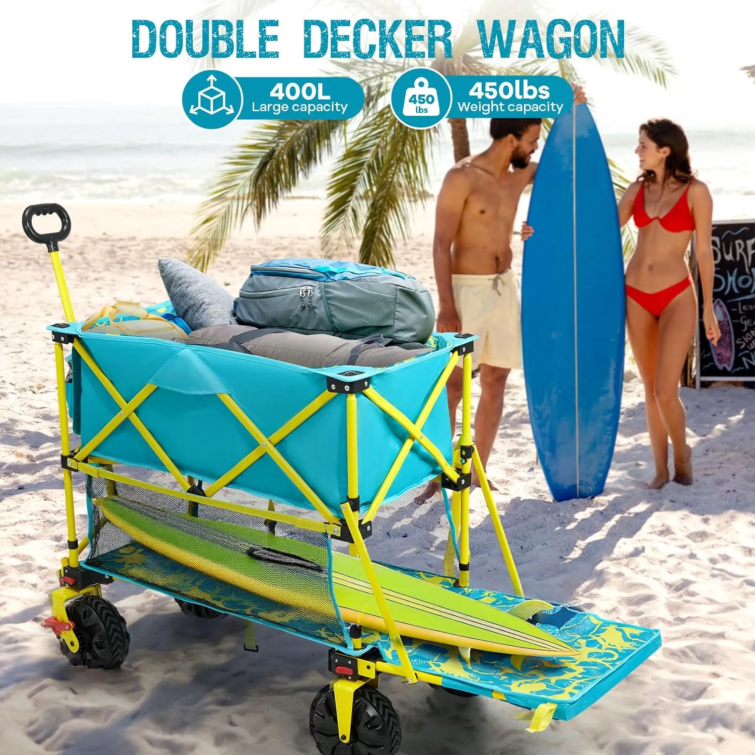 400L Collapsible Double Decker Beach Wagon with Brakes, Folding Beach Cart with 54" Extra Long Decker, 450LBS Heavy Duty Wagon Chart with All-Terrain Big Wheels for Sand Camping Garden