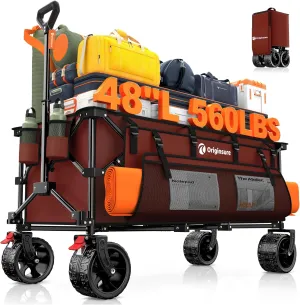48" L Collapsible Wagon Cart Foldable, 560LB Weight Capacity 300L Heavy Duty Folding Beach Wagons with Big All-Terrain Wheels, Utility Carts for Groceries, Shopping, Camping, Sports - Red