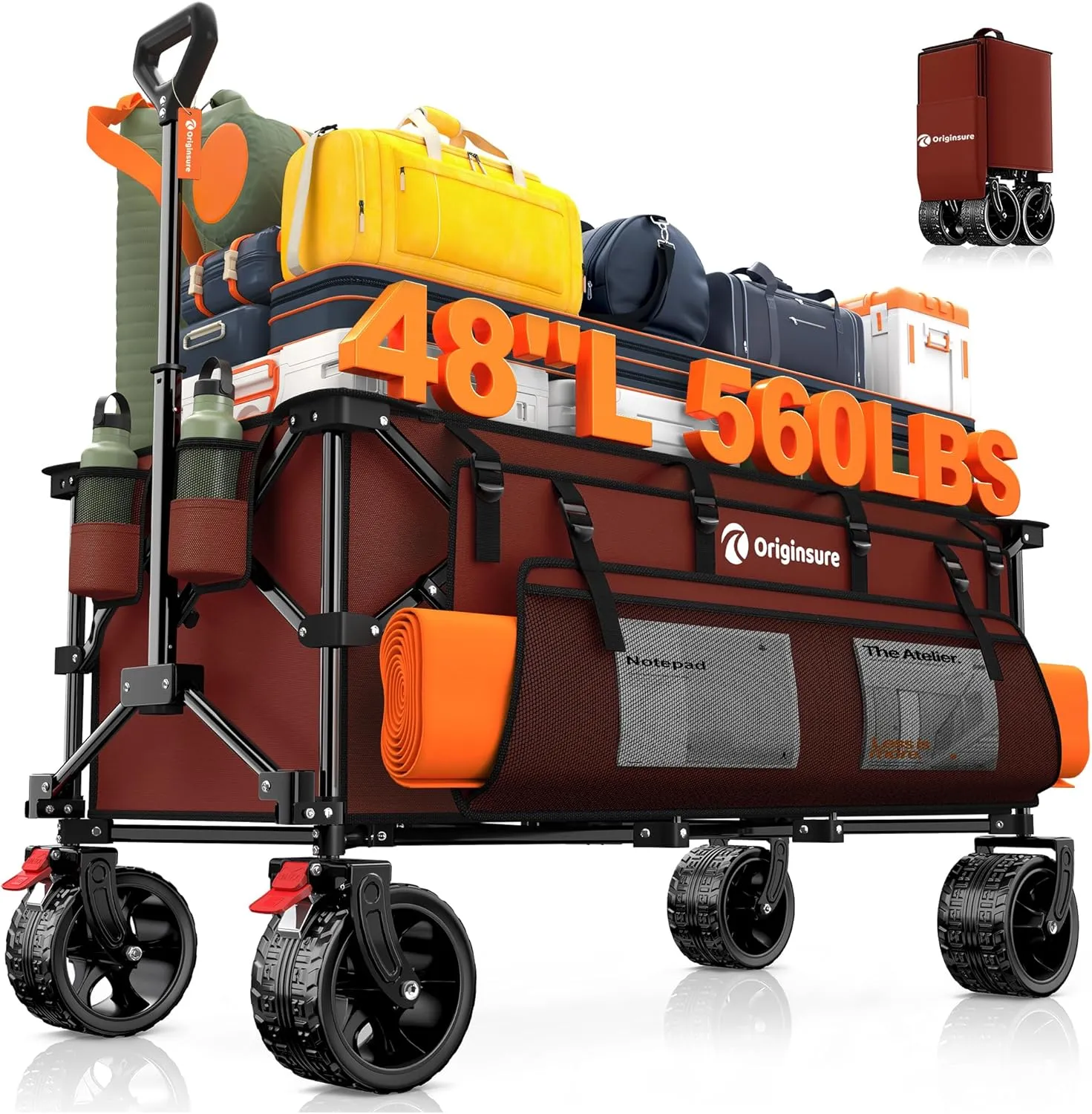 48" L Collapsible Wagon Cart Foldable, 560LB Weight Capacity 300L Heavy Duty Folding Beach Wagons with Big All-Terrain Wheels, Utility Carts for Groceries, Shopping, Camping, Sports - Red