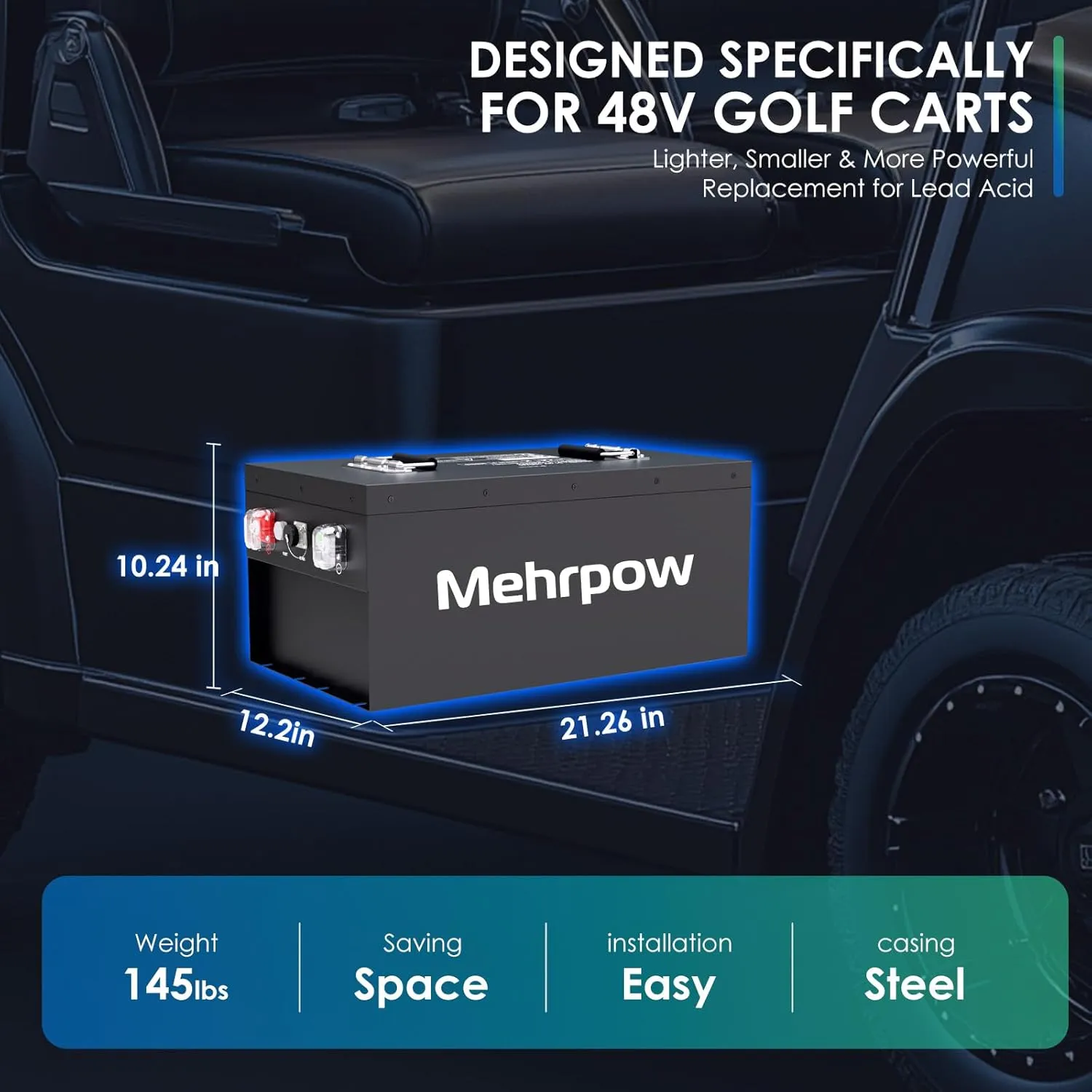 48V 160Ah Lithium Golf Cart Battery, Built-in Smart 200A BMS, Maximum 10.24 kW, ultra long range of 80 miles for Golf Cart Clubcar, EZGO, YAMAHA, ICON, Marshell, Supports APP,Touch Display 22A Charger