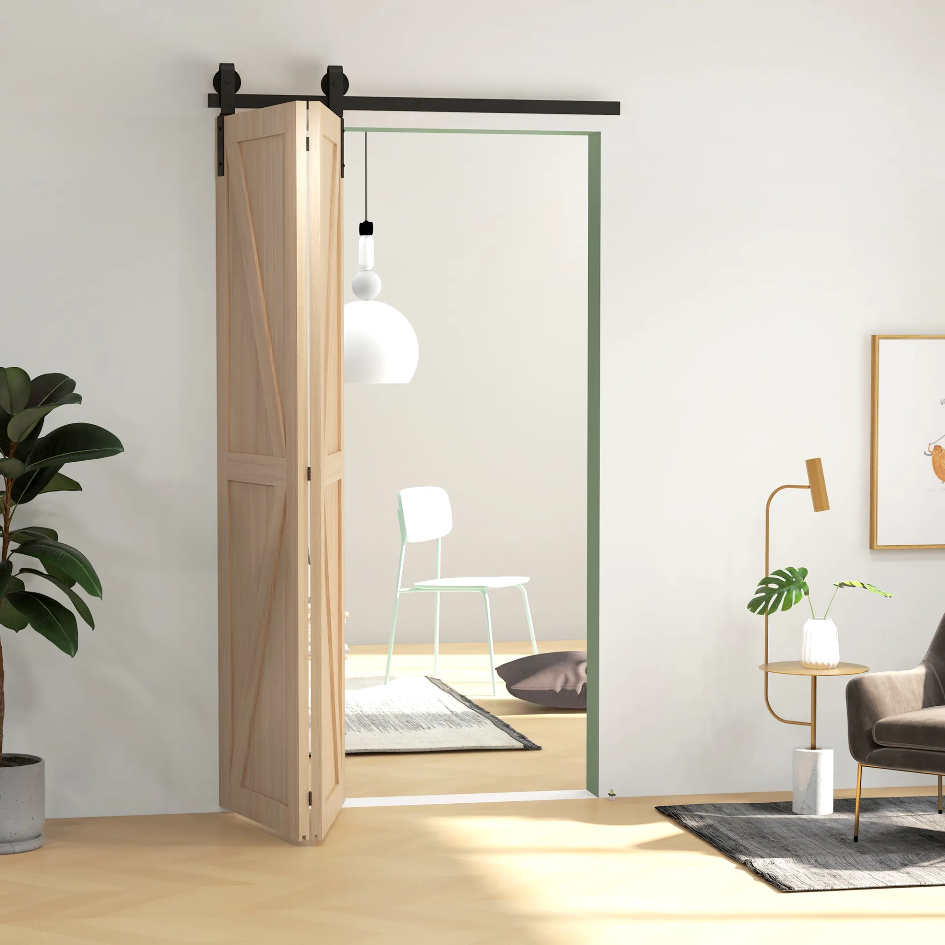 4FT/122CM Bi-Folding Sliding Barn Door Hardware Track Kit, Heavy Duty Sliding Door Kit for 2 Doors with J Shape Hanger | HOMCOM
