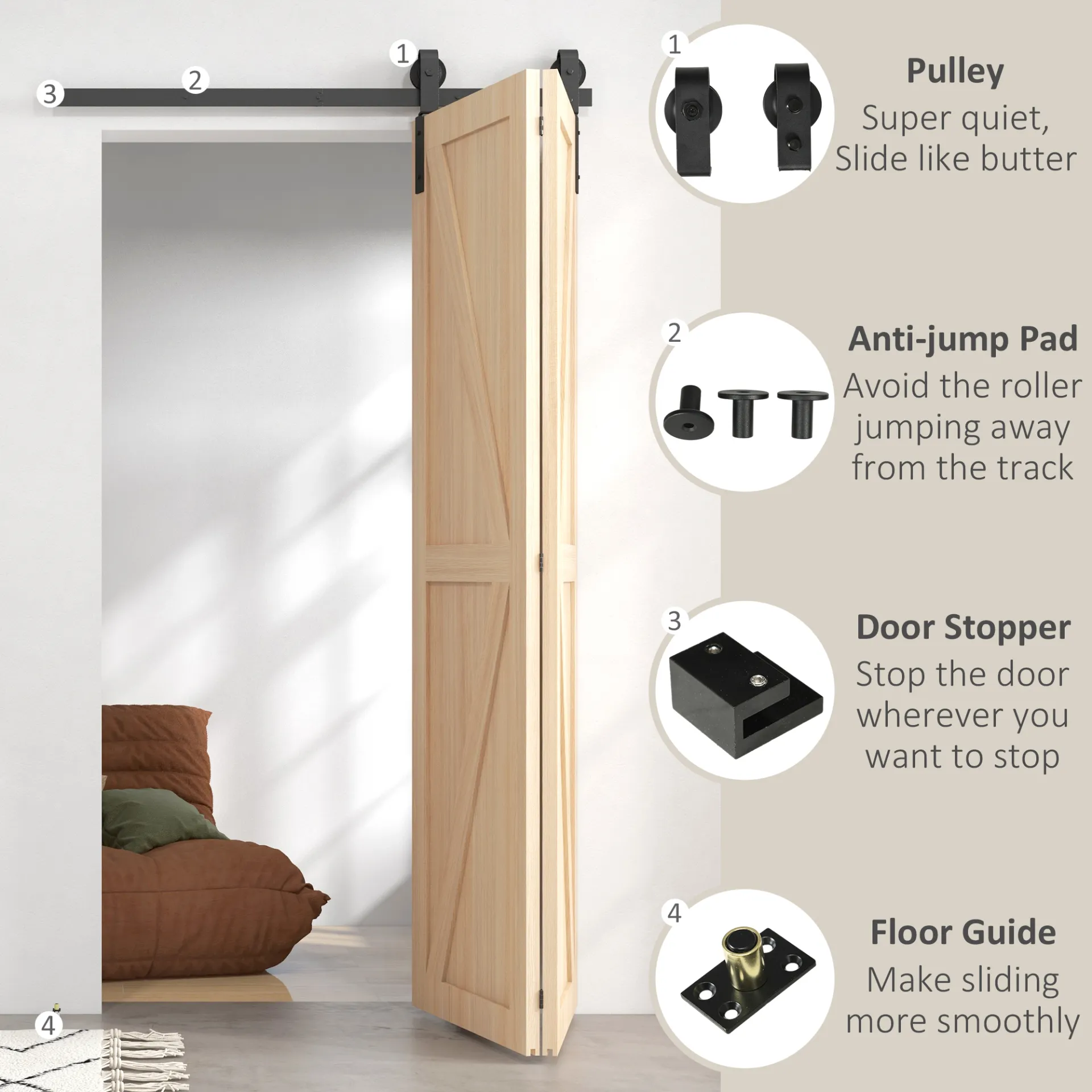 4FT/122CM Bi-Folding Sliding Barn Door Hardware Track Kit, Heavy Duty Sliding Door Kit for 2 Doors with J Shape Hanger | HOMCOM
