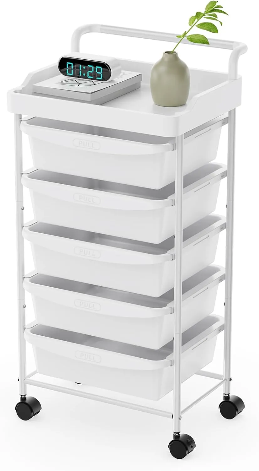 5 Tier Rolling Cart with 5 Drawers, Utility Cart with Drawers and Tabletop, Multipurpose Rolling Storage Cart Storage Drawer Cart Organizer with Lockable Wheels for Home Office School, White