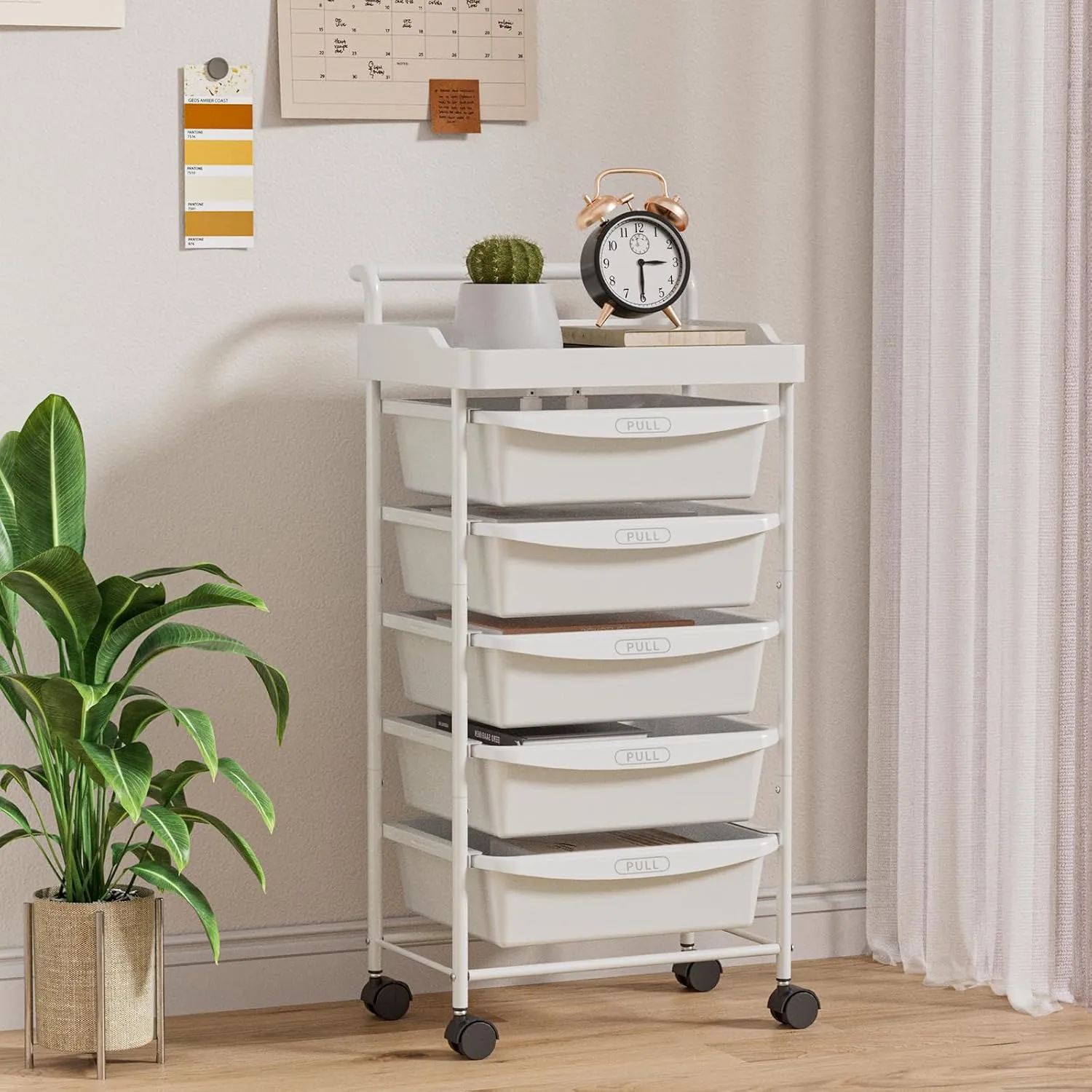 5 Tier Rolling Cart with 5 Drawers, Utility Cart with Drawers and Tabletop, Multipurpose Rolling Storage Cart Storage Drawer Cart Organizer with Lockable Wheels for Home Office School, White