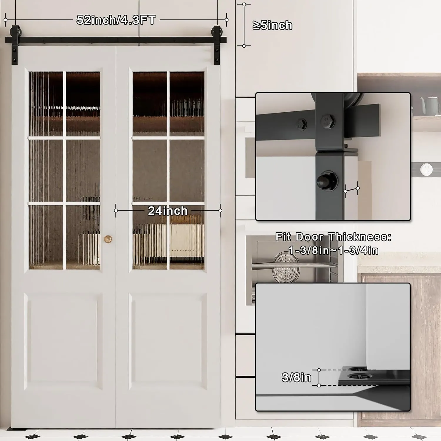 52" Bi-Folding Sliding Barn Door Hardware Kit for 2 Doors, Low Ceiling Lite Version Roller, Fit Double 24" Bifold Doors (No Door)