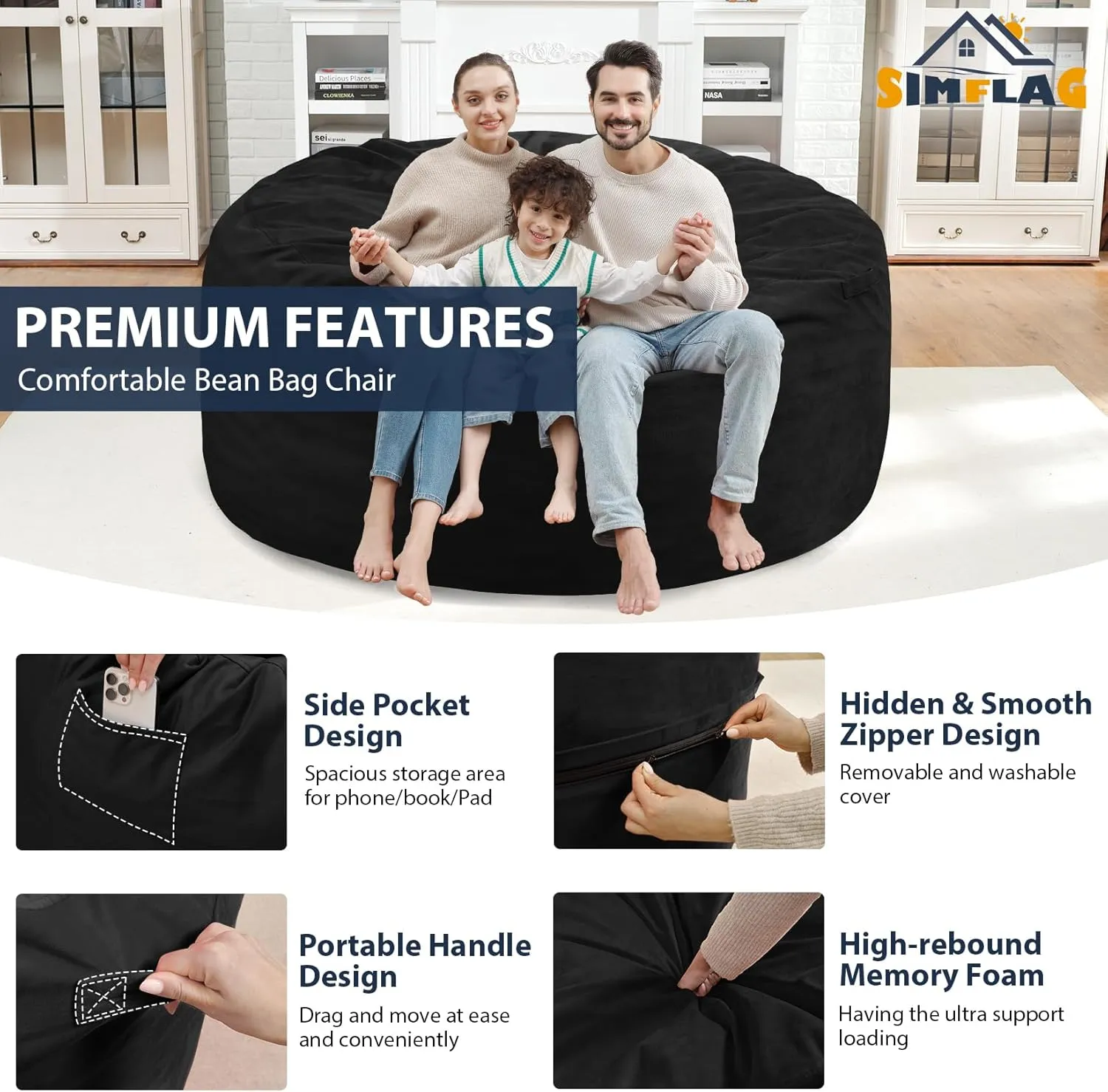 5Ft Giant Bean Bag Chair, Memory Foam Filling Bean Bag Chairs with Velvet Cover, Removable and Machine Washable Cover, Bean Bag Chair for Adult - Black