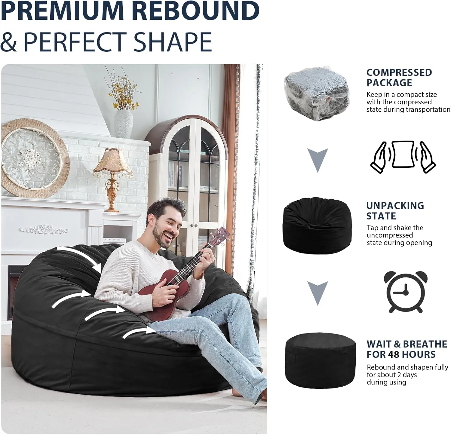 5Ft Giant Bean Bag Chair, Memory Foam Filling Bean Bag Chairs with Velvet Cover, Removable and Machine Washable Cover, Bean Bag Chair for Adult - Black