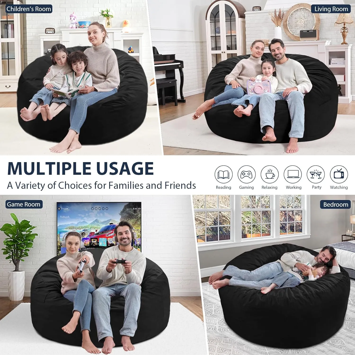 5Ft Giant Bean Bag Chair, Memory Foam Filling Bean Bag Chairs with Velvet Cover, Removable and Machine Washable Cover, Bean Bag Chair for Adult - Black