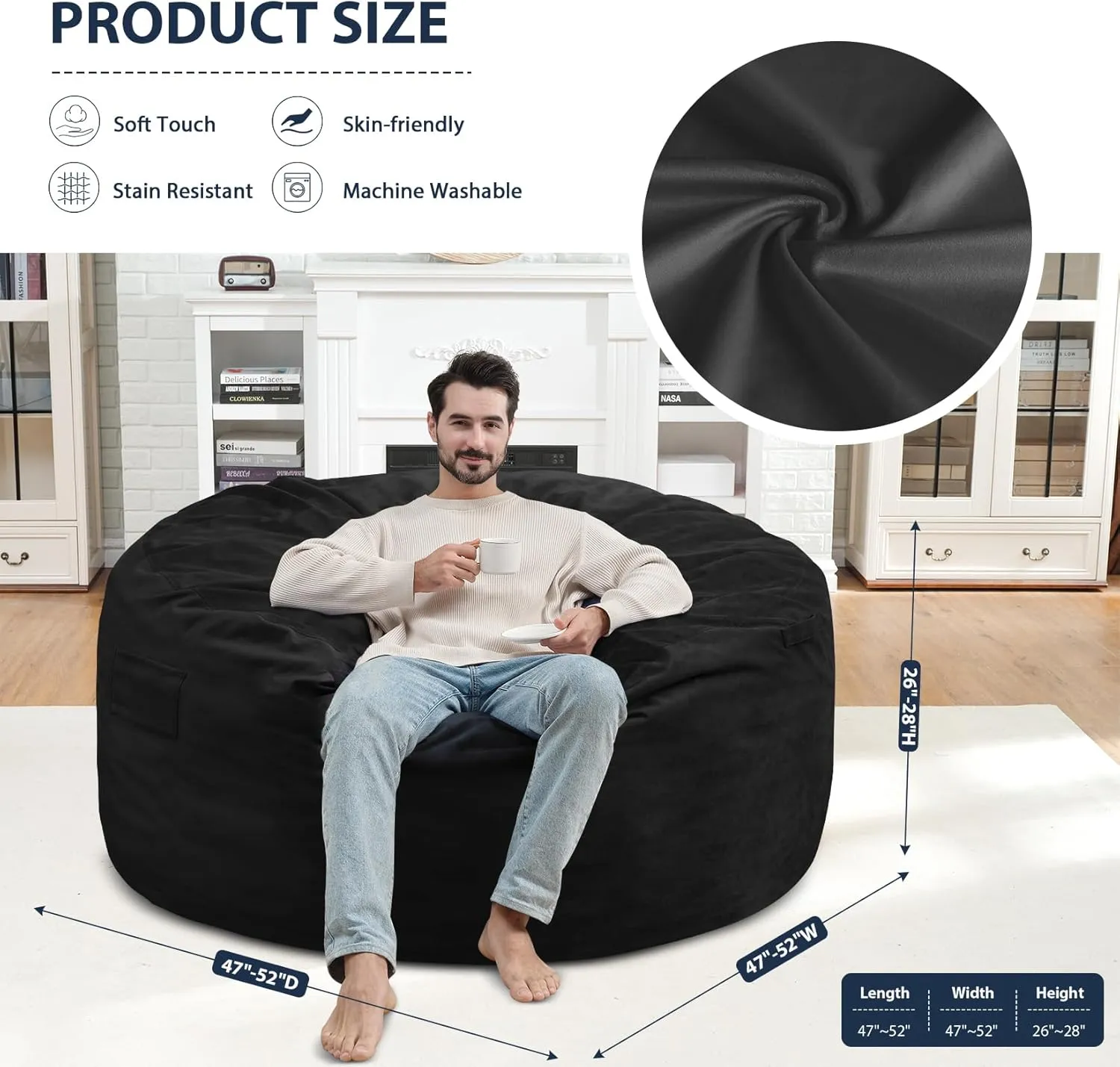 5Ft Giant Bean Bag Chair, Memory Foam Filling Bean Bag Chairs with Velvet Cover, Removable and Machine Washable Cover, Bean Bag Chair for Adult - Black