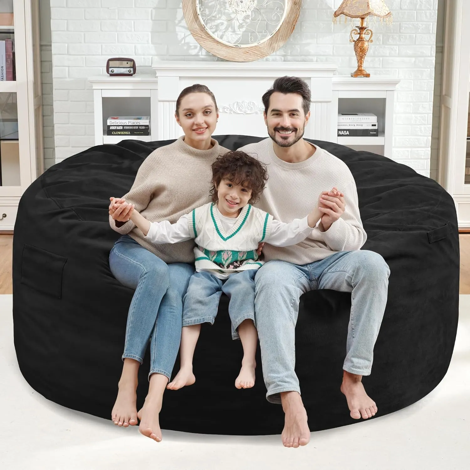 5Ft Giant Bean Bag Chair, Memory Foam Filling Bean Bag Chairs with Velvet Cover, Removable and Machine Washable Cover, Bean Bag Chair for Adult - Black