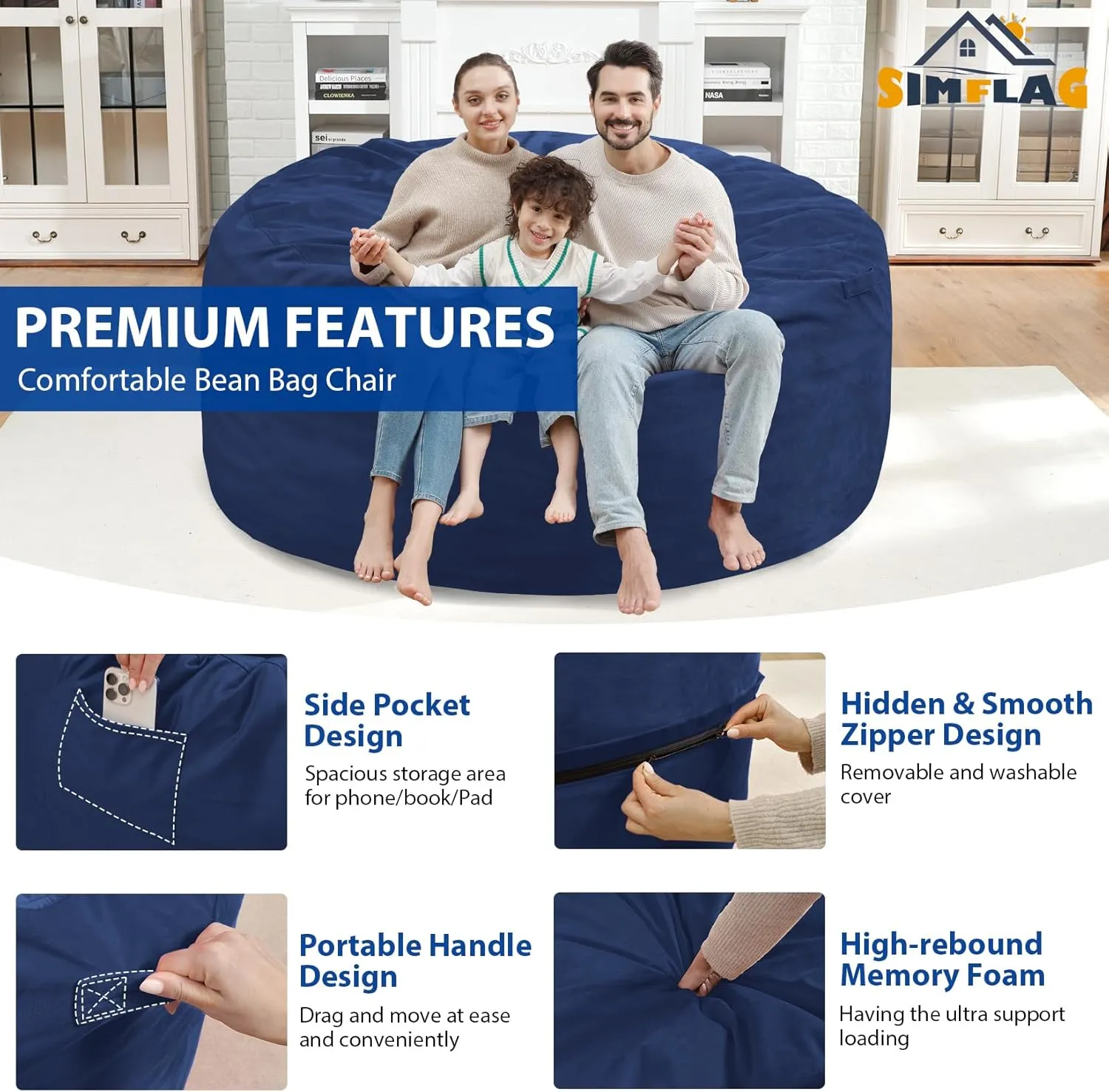 5Ft Giant Bean Bag Chair, Memory Foam Filling Bean Bag Chairs with Velvet Cover, Removable and Machine Washable Cover, Bean Bag Chair for Adult - Dark Blue