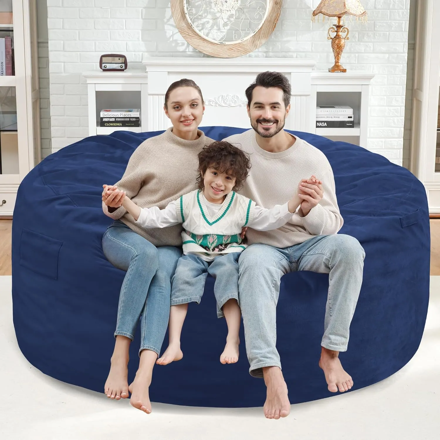 5Ft Giant Bean Bag Chair, Memory Foam Filling Bean Bag Chairs with Velvet Cover, Removable and Machine Washable Cover, Bean Bag Chair for Adult - Dark Blue