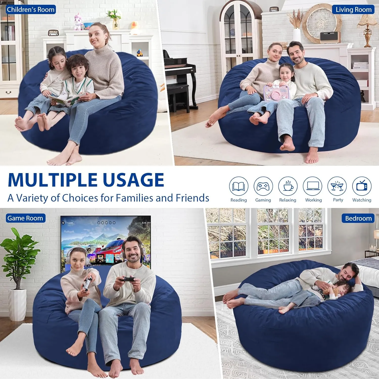 5Ft Giant Bean Bag Chair, Memory Foam Filling Bean Bag Chairs with Velvet Cover, Removable and Machine Washable Cover, Bean Bag Chair for Adult - Dark Blue