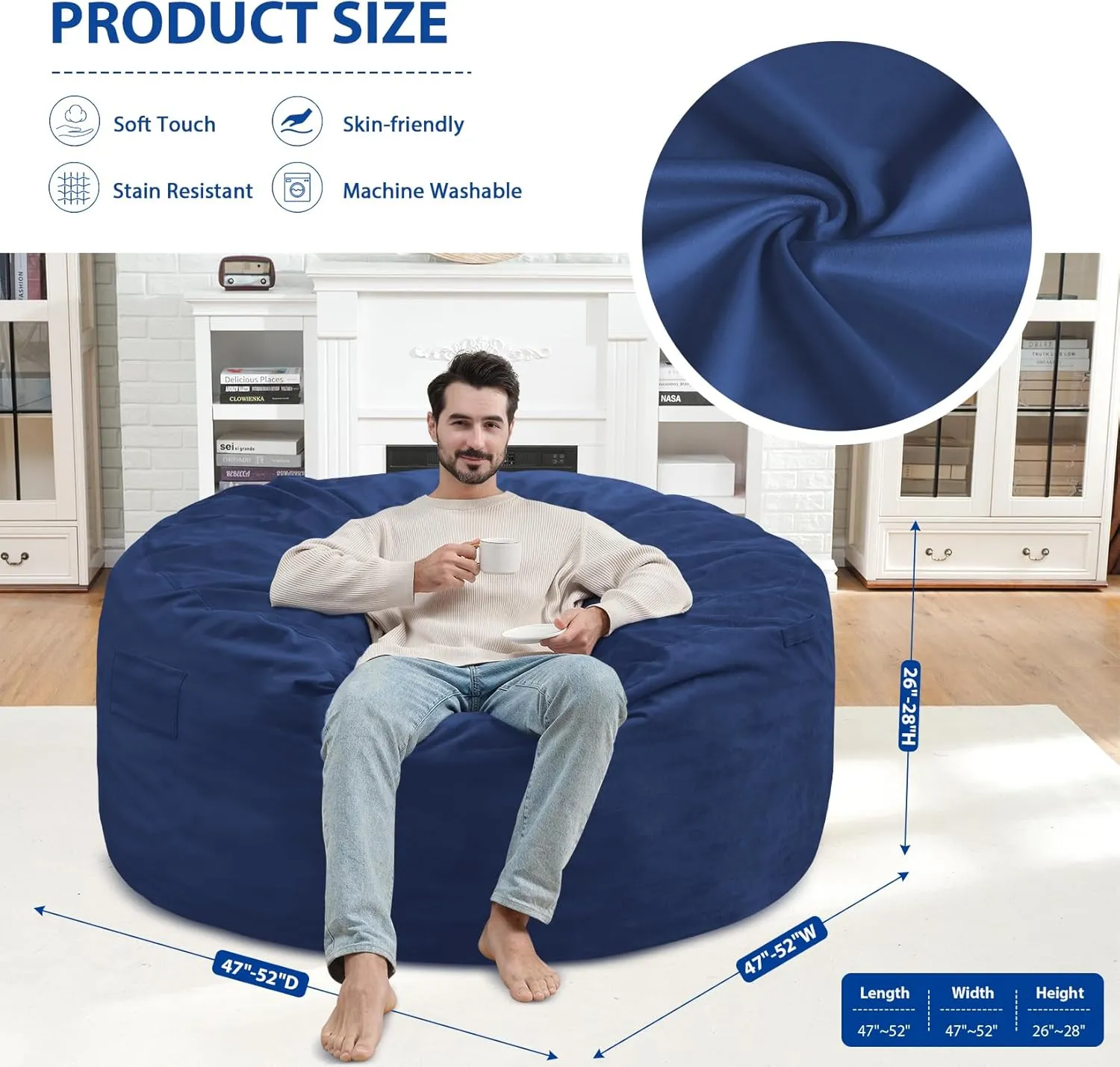 5Ft Giant Bean Bag Chair, Memory Foam Filling Bean Bag Chairs with Velvet Cover, Removable and Machine Washable Cover, Bean Bag Chair for Adult - Dark Blue