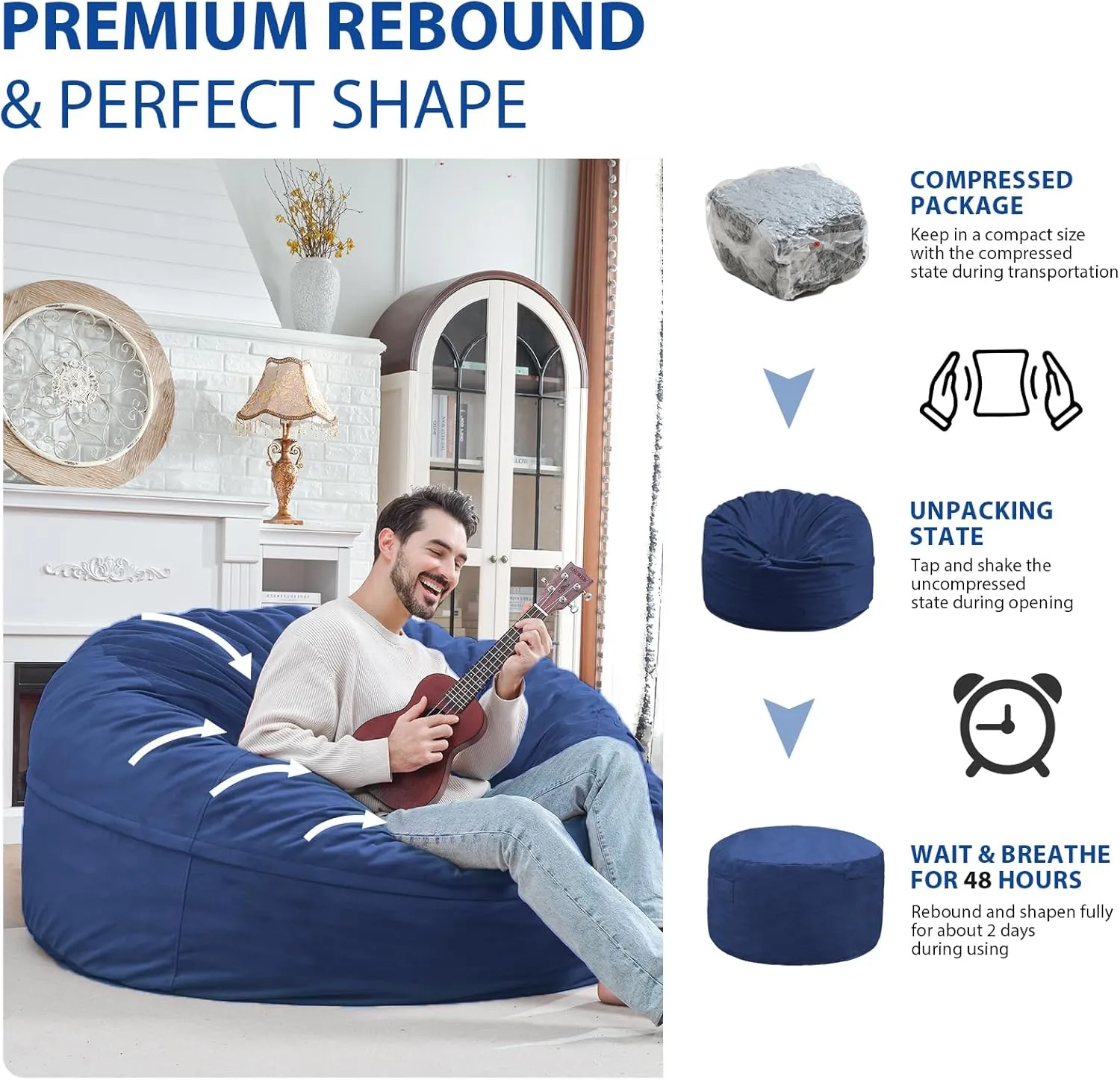 5Ft Giant Bean Bag Chair, Memory Foam Filling Bean Bag Chairs with Velvet Cover, Removable and Machine Washable Cover, Bean Bag Chair for Adult - Dark Blue