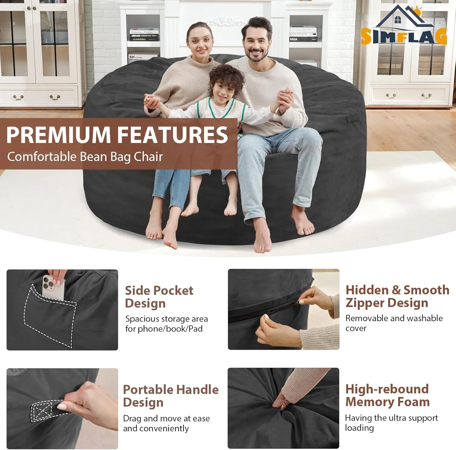 5Ft Giant Bean Bag Chair, Memory Foam Filling Bean Bag Chairs with Velvet Cover, Removable and Machine Washable Cover, Bean Bag Chair for Adult - Grey