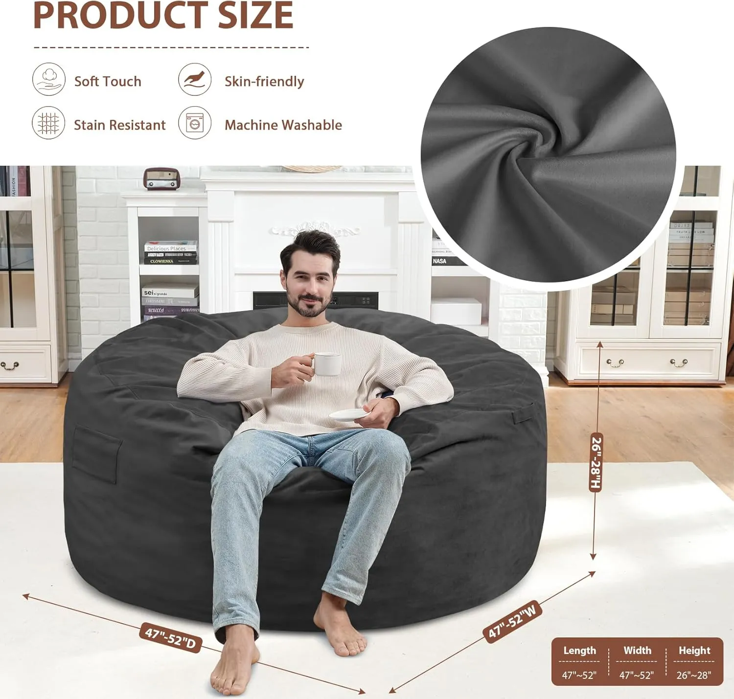 5Ft Giant Bean Bag Chair, Memory Foam Filling Bean Bag Chairs with Velvet Cover, Removable and Machine Washable Cover, Bean Bag Chair for Adult - Grey