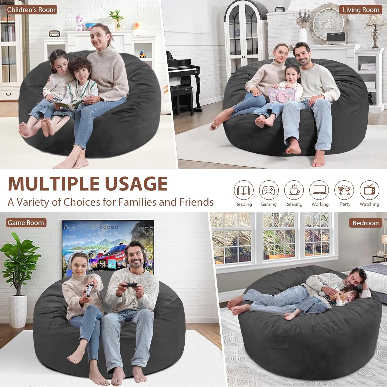 5Ft Giant Bean Bag Chair, Memory Foam Filling Bean Bag Chairs with Velvet Cover, Removable and Machine Washable Cover, Bean Bag Chair for Adult - Grey