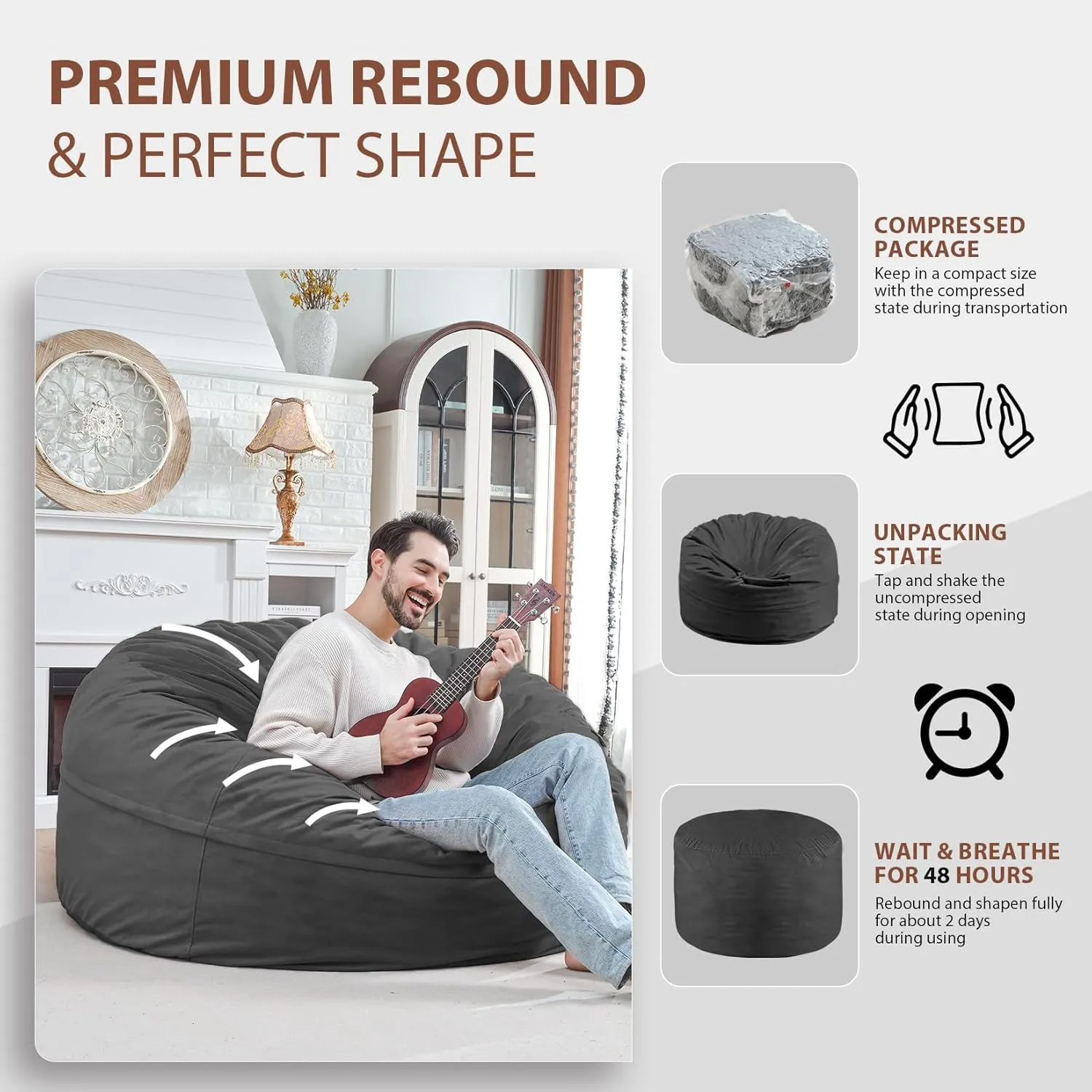 5Ft Giant Bean Bag Chair, Memory Foam Filling Bean Bag Chairs with Velvet Cover, Removable and Machine Washable Cover, Bean Bag Chair for Adult - Grey