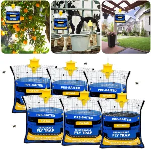 6 Fly Traps Hanging Outdoor, Natural Pre-Baited Fly Bag Outdoor Disposable, Fly Catcher, Killer, Hunter, Stable, Farm, Barn, Ranch, Fly Trap for Mosquitoes