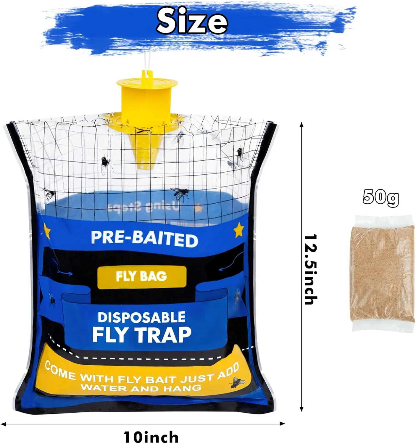 6 Fly Traps Hanging Outdoor, Natural Pre-Baited Fly Bag Outdoor Disposable, Fly Catcher, Killer, Hunter, Stable, Farm, Barn, Ranch, Fly Trap for Mosquitoes