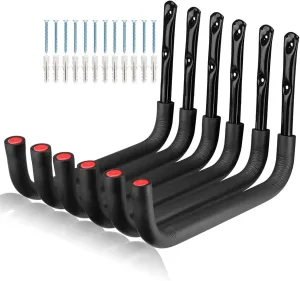 6 Pack Kayak Storage Hooks, 15.5 Inch Wall Mount Canoe Hangers, Heavy Duty Snowboard Storage Rack Holds Up to 100lbs, Black Red, 15.5Inches x 10.5''