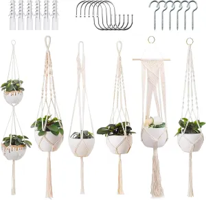 6 Set Macrame Plant Hangers, 43" Plant Hangers Outdoor, Hanging Plant Holders with 6 S Hooks and Expansion Screws, Plant Hanger Indoor for Boho Home Decor