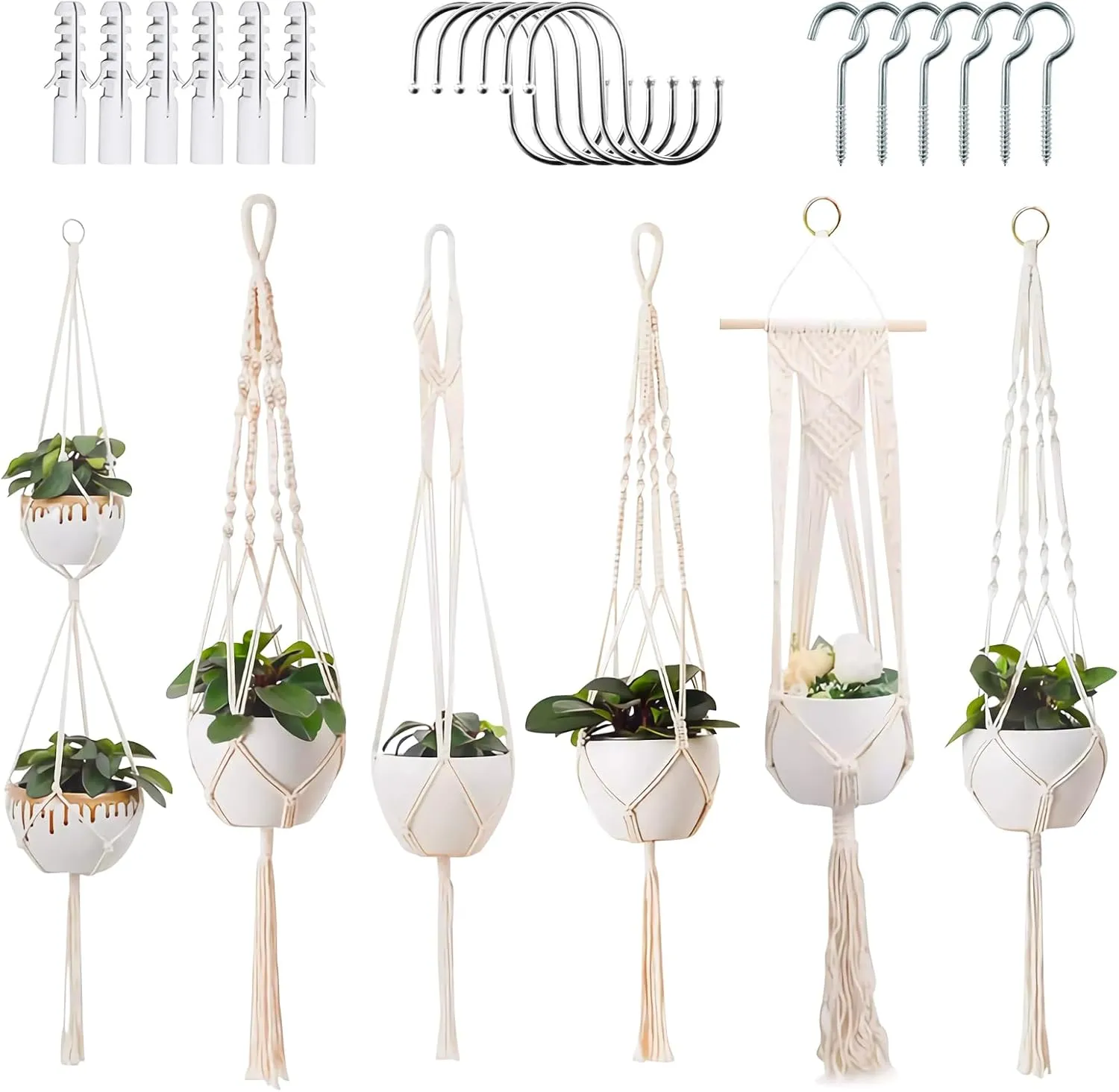 6 Set Macrame Plant Hangers, 43" Plant Hangers Outdoor, Hanging Plant Holders with 6 S Hooks and Expansion Screws, Plant Hanger Indoor for Boho Home Decor