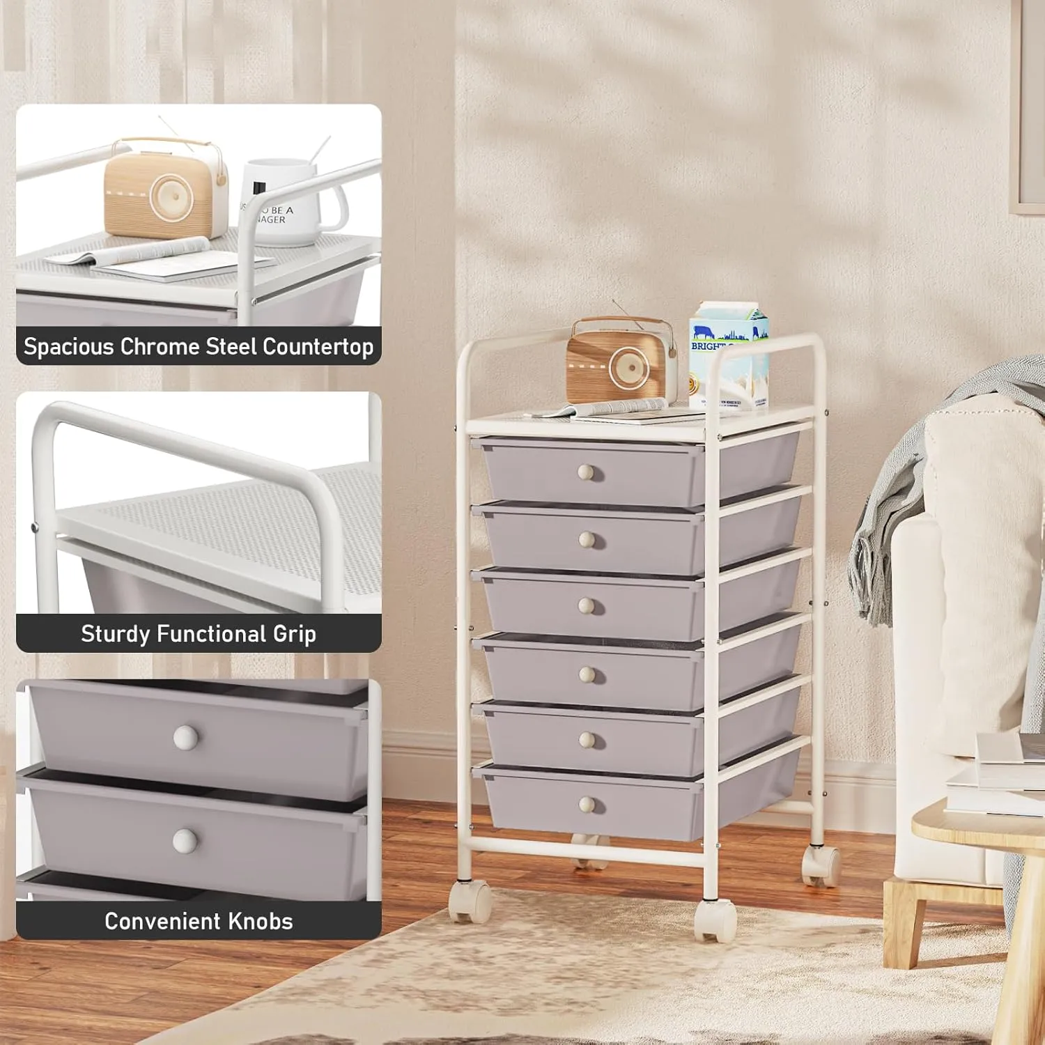 6-Tier Utility Cart with 6 Drawers, Rolling Utility Cart with 2 Lockable Caster Wheels, Multipurpose Mobile Rolling Drawer Cart for Office Bathroom Kitchen, Gray