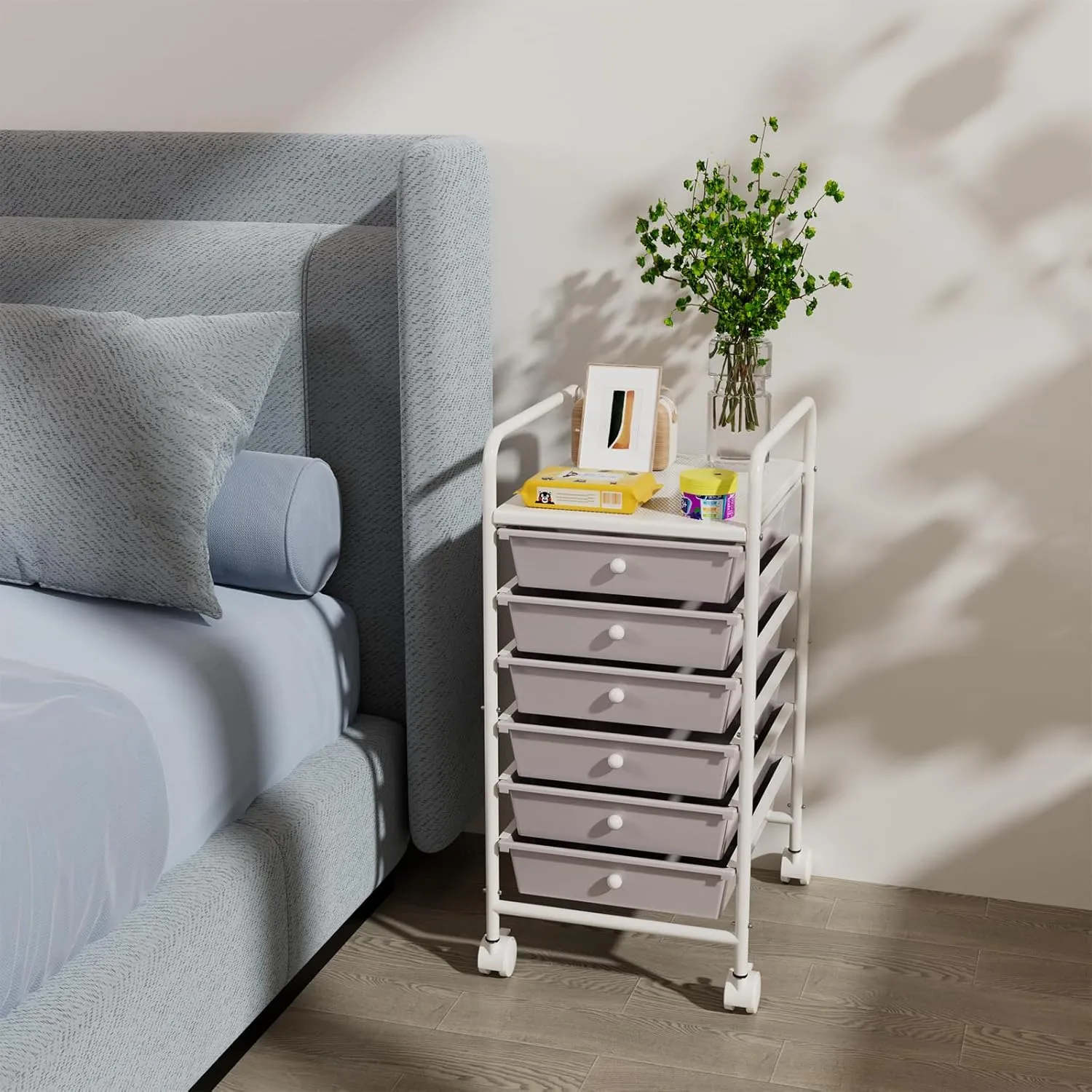 6-Tier Utility Cart with 6 Drawers, Rolling Utility Cart with 2 Lockable Caster Wheels, Multipurpose Mobile Rolling Drawer Cart for Office Bathroom Kitchen, Gray