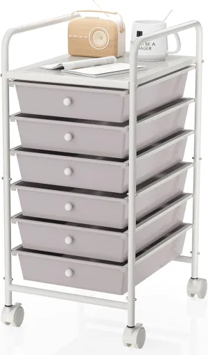 6-Tier Utility Cart with 6 Drawers, Rolling Utility Cart with 2 Lockable Caster Wheels, Multipurpose Mobile Rolling Drawer Cart for Office Bathroom Kitchen, Gray