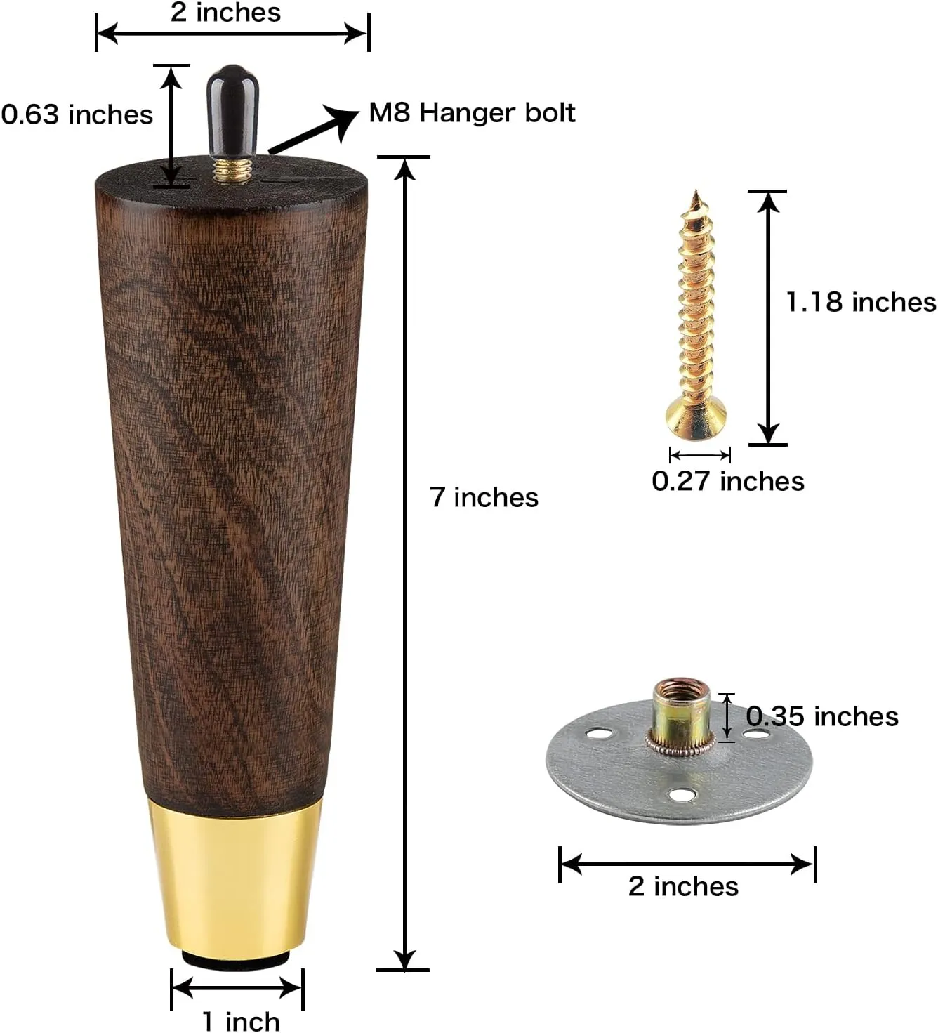 7 Inch Wood Furniture Legs, Cone Sofa Legs Set of 4, Mid Century Modern Desk Feet, Replacement for Legs for Furniture or DIY Projects- Sofa Legs, Chair, Ottoman, Stool, Coffee Table, Bed, Etc.