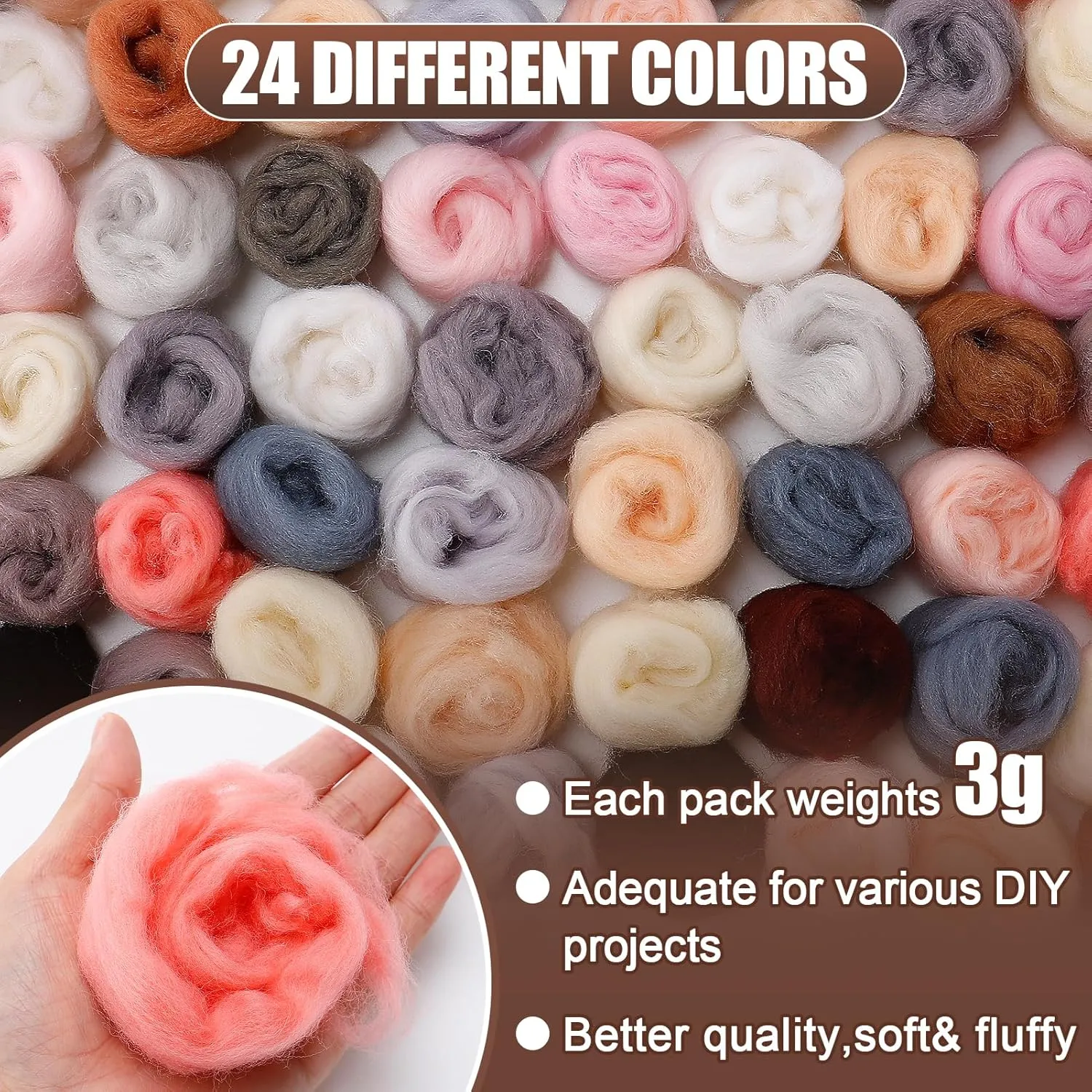 72pcs 7.6 oz Needle Felting Wool- 24 Colors Nature Wool Roving Yarn for Beginners Hand Spinning Felting Supplies, 3g/Pack
