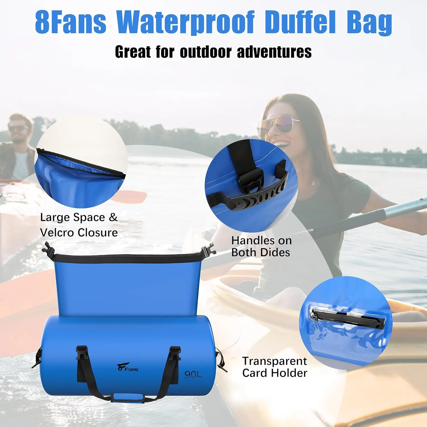 8 Fans Extra Large Waterproof Duffle Bag,Heavy Duty Travel Dry Bag with Durable Straps & Handles, Ideal for Kayaking,Paddleboarding,Boating,Rafting,and Fishing (Blue, 90L)