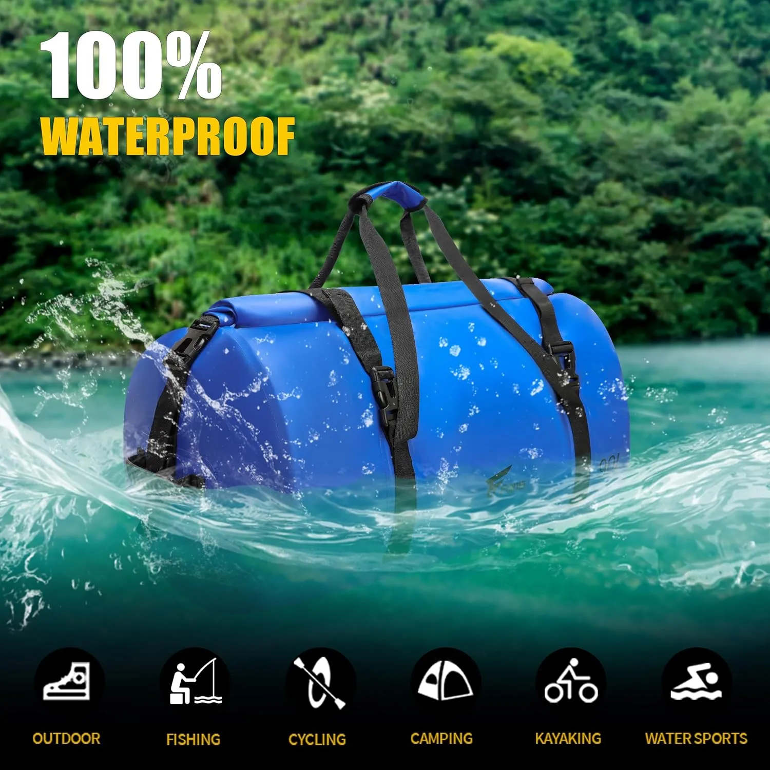 8 Fans Extra Large Waterproof Duffle Bag,Heavy Duty Travel Dry Bag with Durable Straps & Handles, Ideal for Kayaking,Paddleboarding,Boating,Rafting,and Fishing (Blue, 90L)