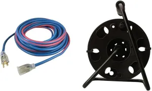 99100 Extension Cord, One Size, Blue/Red & Woods 22849 Metal Extension Cord Reel Stand in Black, Heavy Duty, Quick Snap Together Design