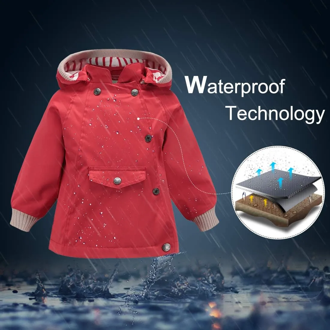 ACESTAR Boys Girls Waterproof Hooded Rain Jacket Kids Cotton Lined Rain Coat Toddler Windbreaker Spring Fall Raincoat