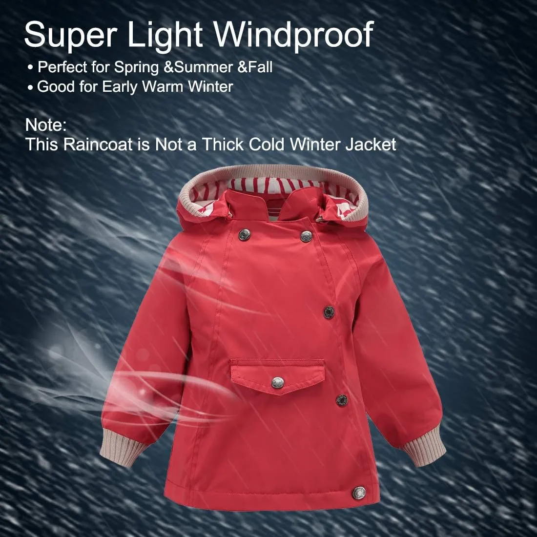ACESTAR Boys Girls Waterproof Hooded Rain Jacket Kids Cotton Lined Rain Coat Toddler Windbreaker Spring Fall Raincoat