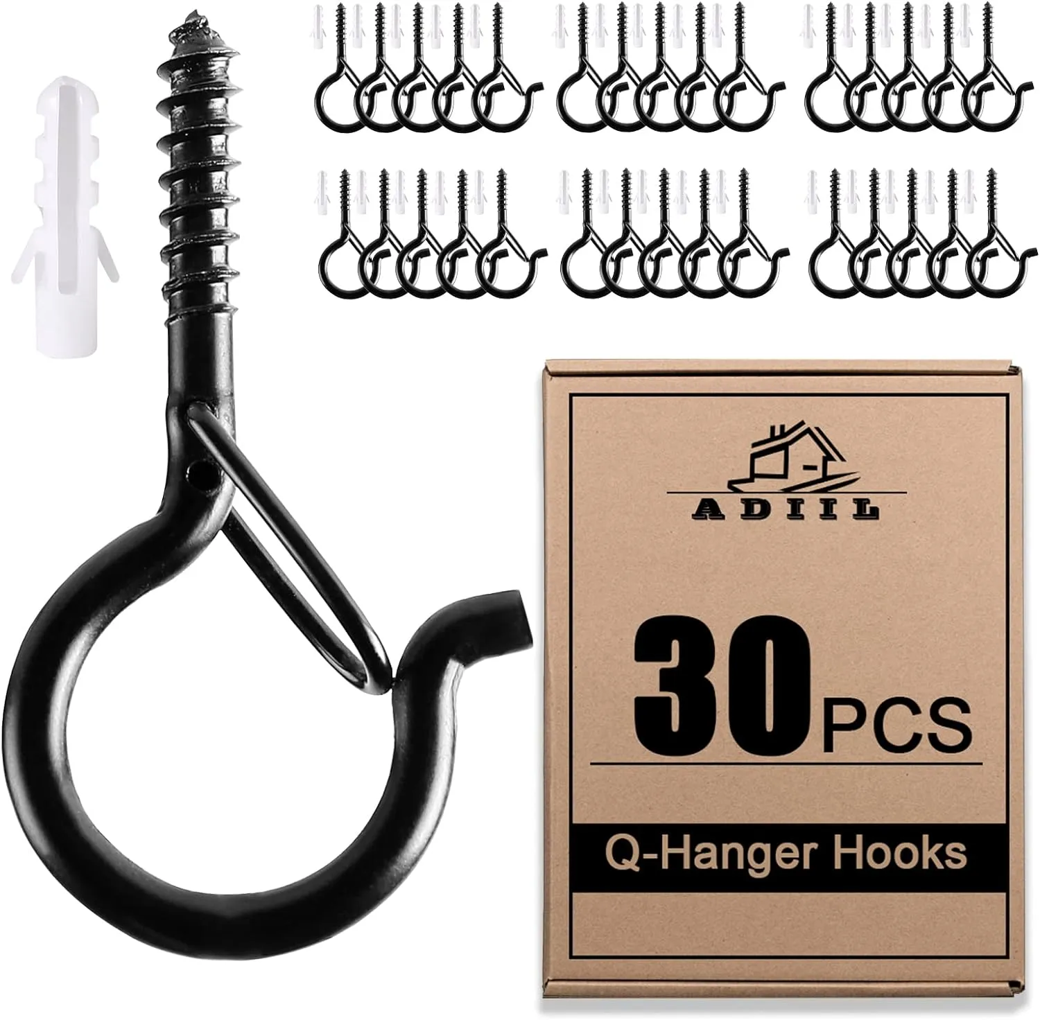 ADIIL 30 PCS Q Hanger Hooks with Safety Buckle, Windproof Screw Hooks for Hanging Outdoor String Lights, Plants, Christmas Patio Lights, 2.2 Inches, Black
