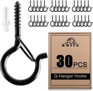ADIIL 30 PCS Q Hanger Hooks with Safety Buckle, Windproof Screw Hooks for Hanging Outdoor String Lights, Plants, Christmas Patio Lights, 2.2 Inches, Black