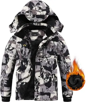 AFILOK Boy's Ski Jacket Waterproof Breathable Kids Fleece Lined Windproof Hooded Snowboard Coats(white camouflage 8-9)