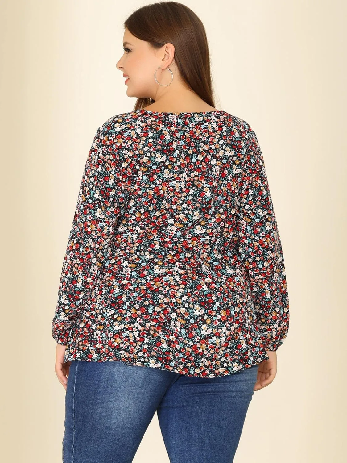 Agnes Orinda Plus Size Blouses for Women Floral Print Long Sleeves Belt Tie Ruffle Casual Peplum Top Shirts
