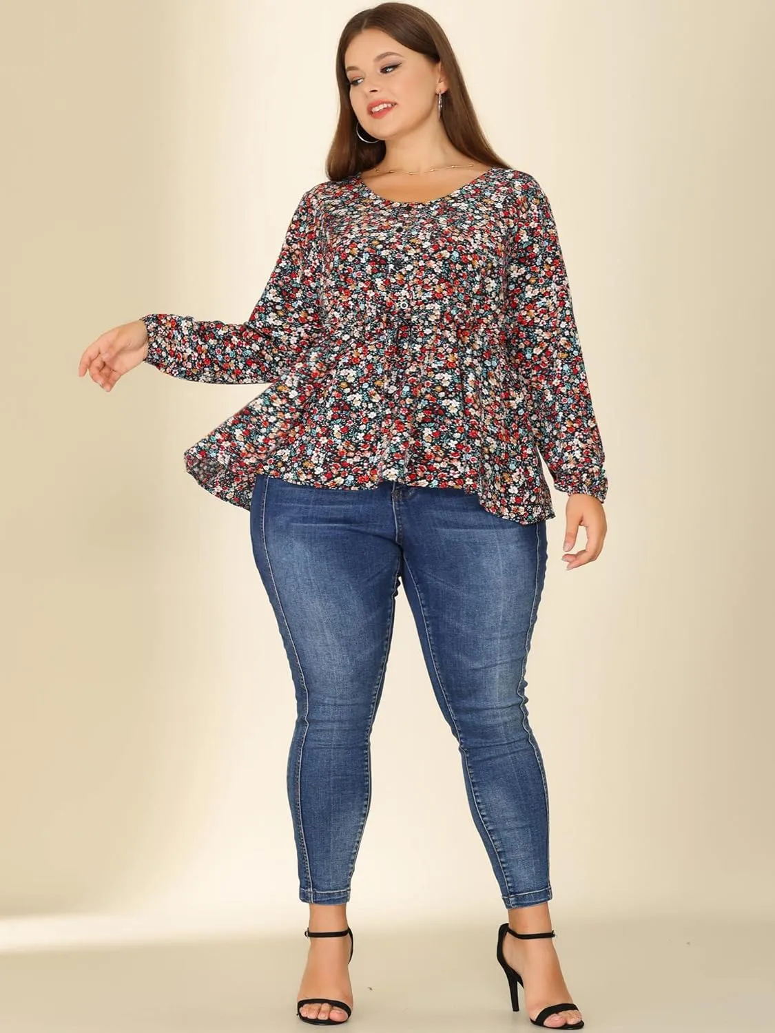 Agnes Orinda Plus Size Blouses for Women Floral Print Long Sleeves Belt Tie Ruffle Casual Peplum Top Shirts