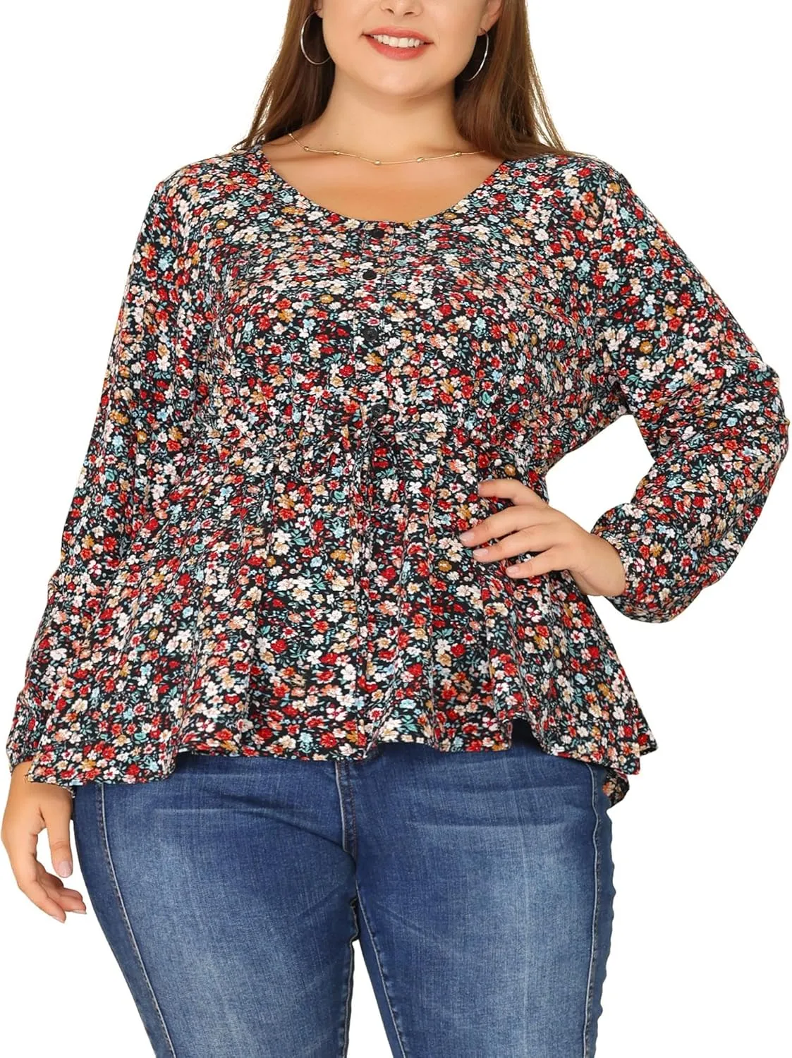 Agnes Orinda Plus Size Blouses for Women Floral Print Long Sleeves Belt Tie Ruffle Casual Peplum Top Shirts