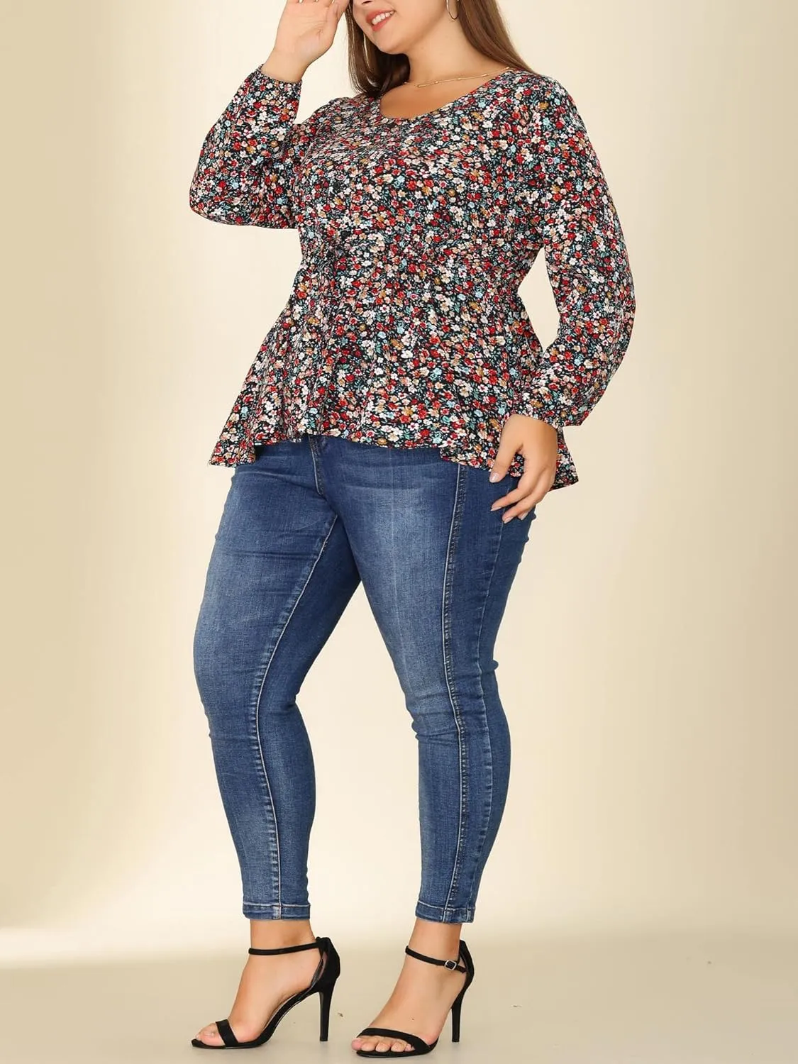 Agnes Orinda Plus Size Blouses for Women Floral Print Long Sleeves Belt Tie Ruffle Casual Peplum Top Shirts