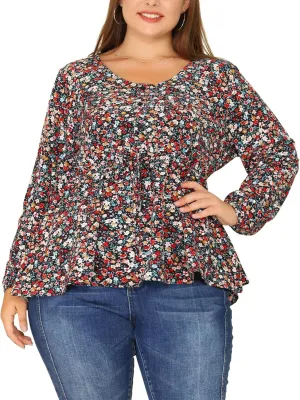 Agnes Orinda Plus Size Blouses for Women Floral Print Long Sleeves Belt Tie Ruffle Casual Peplum Top Shirts